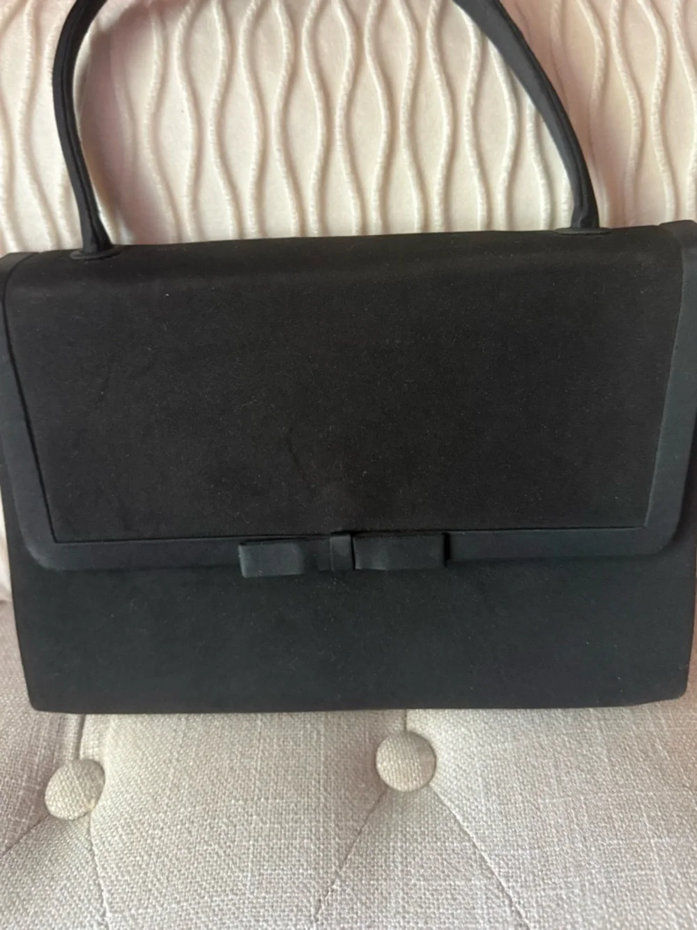 Vintage Inspired Black Satin & Suede Evening Bag Bow Accent Top Handle